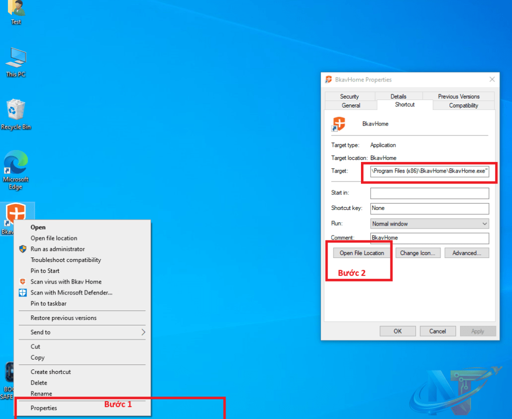 Shortcut properties on Windows desktop