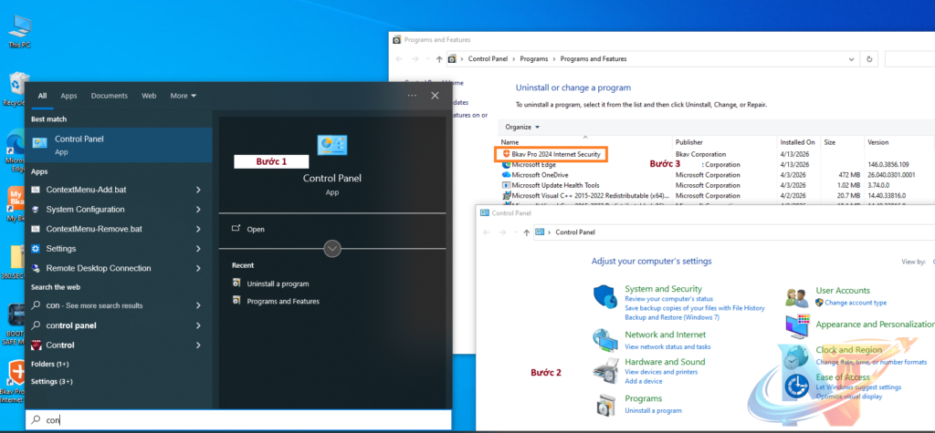 Windows Control Panel and Uninstall options