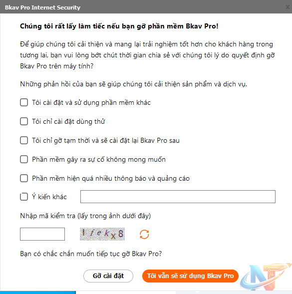 Chọn lý do gỡ Bkav Uninst